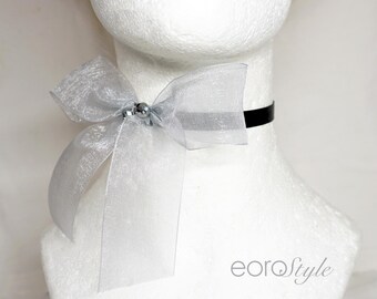 Silver Sheer Bow Choker with dangling beads, Black Satin Ribbon Choker, Sexy Bow Choker, Elegant Necklace, Bridal Necklace, Prom Necklace