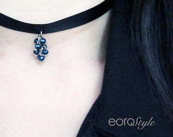 Blue Charm Choker, Beaded Choker, Black Satin Choker, Wedding Necklace, Charm Choker, Bridesmaid Jewelry, Kpop Jewelry, Gothic Choker