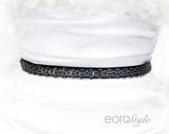 Bridal Sash - Beaded Black Bridal Sash, Beaded Gray Bridal Sash. Wedding Sash, Bridal Headband, Bridal Head Tie, Bridal Headpiece, Sash