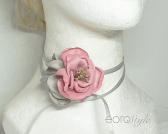 Antique Pink Flower Choker Tie, Pink Flower Choker, Boho Choker, Fabric Flower Choker, Bridal Jewelry, Bridesmaid Jewelry, Wedding Choker