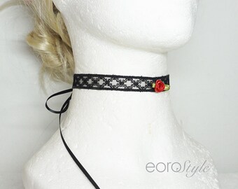 Elegant Red Rose Black Lace Choker Necklace, Gothic Wedding Choker, Statement Necklace, Sexy Lace Jewelry, Victorian Choker, Prom Necklace