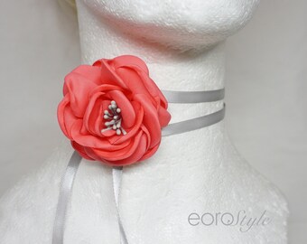 Scarlet Pink Flower Choker Tie, Flower Choker, Victorian Choker, Fabric Flower Choker, Bridal Jewelry, Bridesmaid, Wedding Choker, Prom