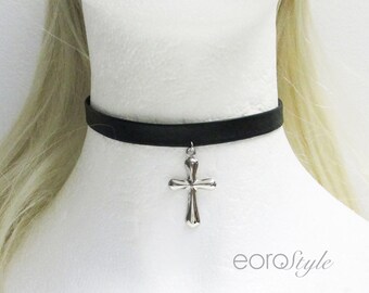 Cross Choker, Leather Choker, Sexy Choker, Black Choker, Cross Choker, 90s choker, Halloween Necklace, Fashion Necklace, Holiday Gift Idea
