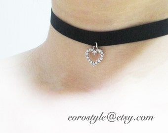 Heart Rhinestones Choker, Black Velvet Choker, Sexy Choker, Bridesmaid Necklace, Sexy Choker, Romantic Gift, Jewelry for girlfriend
