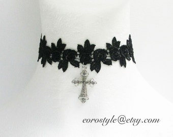 Black Lace Choker, Cross Choker, Sexy Choker, Gothic Choker, Wedding Jewelry, Black Choker, Boho Jewelry Necklace, Kpop Choker, Gift for her