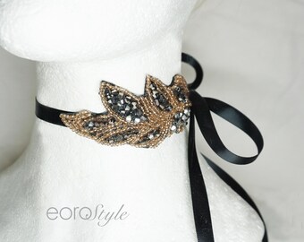 Black Beaded Leaf Choker Satin Ribbon Tie, Black Beaded Leaf Hair Tie, Black Beaded Hair Tie, Antique Style Choker, Prom Necklace.