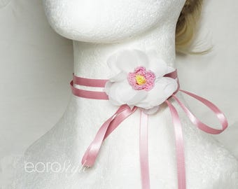 White Flower Choker Antique Pink Ribbon Tie, Boho Choker, White Flower Choker, Flower Choker, Bridal Jewelry, Bridesmaid Jewelry, Gift