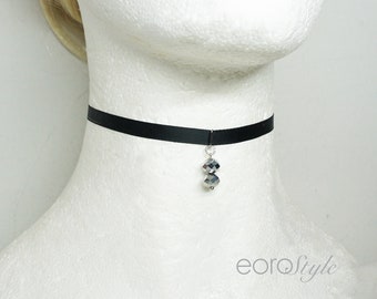 Gray Sparkle Ball Charm Choker, Beaded Choker, Black Satin Choker, Charm Choker, Bridesmaid Jewelry, Prom Jewelry, Made in America