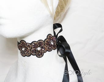 Black Beaded Flower Choker Satin Ribbon Tie, Black Beaded Flower Hair Tie, Black Beaded Hair Tie, Antique Style Choker, Prom Necklace.