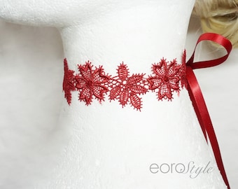 Red Flower Lace Choker, Ribbon Tie, Flower Choker, Boho Choker, Flower Choker, Bridal Jewelry, Bridesmaid Jewelry, Wedding Choker, Gift
