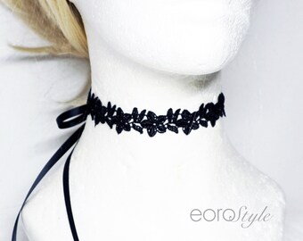 Black Flower Lace Choker, Ribbon Tie, Flower Choker, Boho Choker, Flower Choker, Bridal Jewelry, Bridesmaid Jewelry, Wedding Choker, Gift