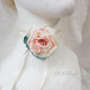 Ivory Peach Flower Choker Tie, Flower Choker, Boho Choker, Fabric Flower Choker, Bridal Jewelry, Bridesmaid Jewelry, Wedding Choker, Prom