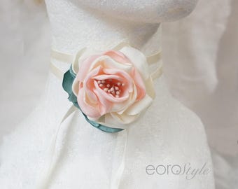 Ivory Peach Flower Choker Tie, Flower Choker, Boho Choker, Fabric Flower Choker, Bridal Jewelry, Bridesmaid Jewelry, Wedding Choker, Prom