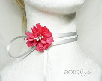 Scarlet Pink Flower Choker, Pink Flower Choker, Boho Choker, Bridal Jewelry, Bridesmaid Jewelry, Wedding Choker, Prom Necklace.