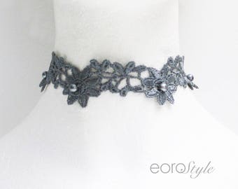 Gray Flower Beaded Lace Choker Statement Necklace Mother of Bride Necklace, Bridesmaid Jewelry Victorian Style Jewerly Sexy Beaded Choker