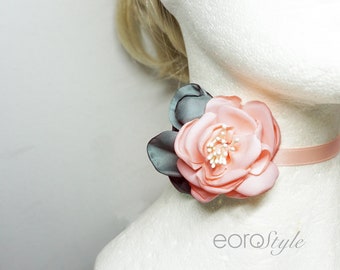 Handmade Light Peach Fabric Flower Choker, Satin Ribbon Tie or clasp