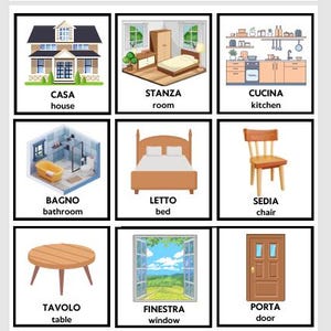 May include: A grid of illustrated home interior elements. Each image is labeled with an Italian word and its English translation. The images include a house, room, kitchen, bathroom, bed, chair, table, window, door, wardrobe, mirror, and sofa.