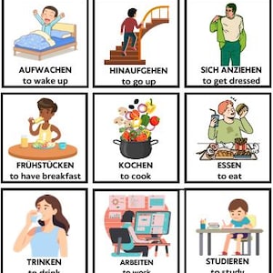 May include: Nine illustrated cards showing daily routines. The cards depict actions such as waking up, going upstairs, getting dressed, eating breakfast, cooking, eating, drinking, working, and studying. Each card has German and English text.