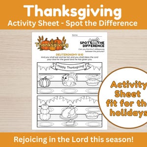 May include: Thanksgiving activity sheet with the text "Spot the Difference". The sheet features illustrations of pumpkins, a turkey, and pies. The text "Happy Thanksgiving!" is also present. The sheet is designed for holiday activities.