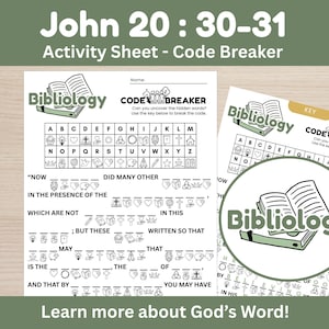 Puede incluir: Una hoja de actividades imprimible titulada John 20:30-31 Code Breaker que incluye una clave de cifrado con iconos para las letras de la A a la Z. La hoja contiene frases para completar con estos símbolos y una hoja de respuestas.