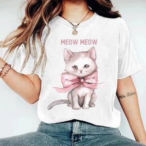 Pink Cat Meow Meow PNG | Cute Kawaii Cat Sublimation Design | 300 DPI T-Shirt Graphic | Kitten with Bow Digital Download