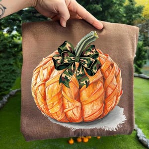 Pumpkin with Camo Ribbon PNG, Fall Sublimation Design, Rustic Autumn Pumpkin Clipart, Hunting Camo Bow Pumpkin Printable, Digital Download