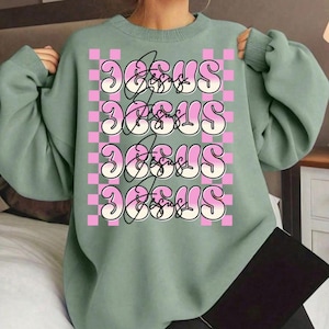 Retro Jesus PNG – Pink Christian Sublimation Design for T-Shirts & Crafts,Jesus PNG File Faith-Based Retro Graphic with Checkerboard Pattern
