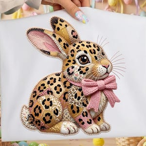 Puede incluir: Una tela blanca con una aplicación decorativa de un conejito con estampado de leopardo. El conejito tiene un lazo rosa y orejas internas rosas. El diseño está adornado con costuras y cuentas perladas.