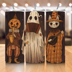 Envoltura para vaso con diseño de banda musical de calabaza, gato fantasma de Halloween, PNG / Diseño vintage espeluznante y otoñal / Sublimación de vaso delgado de 20 oz