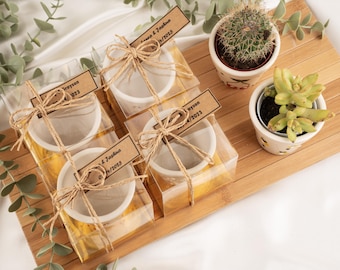 Personalized Succulent Wedding Favor: Mini Ceramic Plant Pot with Rustic Tag