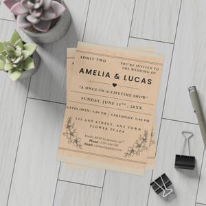 Modelo de convite de casamento - estilo ingresso, convite de casamento para impressão, cartão exclusivo para casamento ou recepção, 5 x 7, download editável