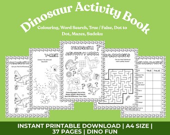 Dinosaurieaktivitetsbok för barn, Stegosauruslabyrint, Dinosaur prick-to-prick, T-Rex Sudoku, Dinosauriefakta, Dinosaurieordsökning, Dinosaurie hitta skillnaderna