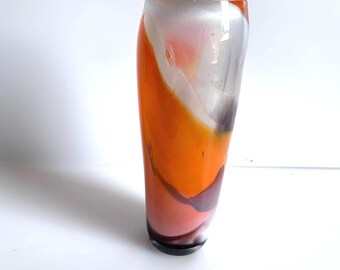 Hand Blown Glass White Orange Vase Vintage Mid Century