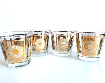 Vintage Libbey Glass Tumbler Set (4),  Gold Gilt and Glitter Fern and Flower Motif