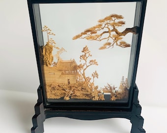 Vintage Chinese Cork Carving Diorama: Pagoda, Cranes, Trees (Lacquered Base)