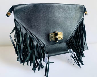 Diane von Furstenberg black leather folio fringe clutch purse
