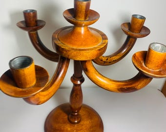 Vintage Wood Candelabra | Candlestick Light Holder | Home Decorative Decor, 5 candles Mid Century
