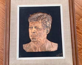 Vintage JFK copper relief plaque Art, John Fitzgerald Kennedy President USA