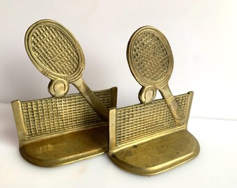 Vintage Pair of Tennis Racket Solid Brass Bookends,  Mid Century,  Home or Office Décor