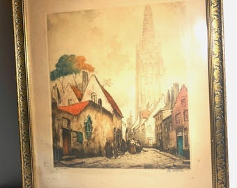 Signed "Belgian Street" by the Belgian artist Alfred Van Neste (1874–1969), Signed Artist Proof Etching Limited Edition