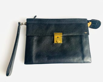 Vintage Leather WEISS Wristlet Purse Clutch, Black with Gold hardware