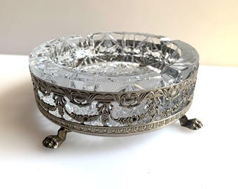 Fancy Crystal Cut Ashtray Dish, Silver tone stand / base, Vintage, Antique style