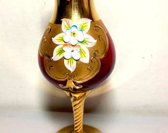 Vintage Venetian Murano Tre Fuochi vase, 24K gold Leaf Enamel on Ruby Red Glass
