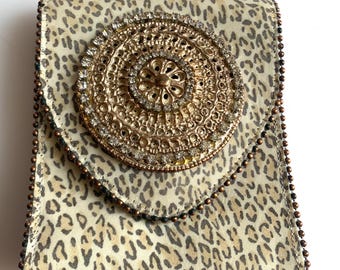 Leatherock Cross body Box Bag,  Gold Medallion Crystals Leopard Leather Rare Unique Luxury Purse