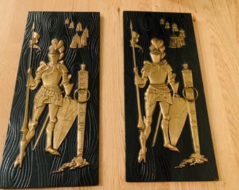 Vintage Brass Knight Wall Hanging Art, Medieval Jousting Plaque, England