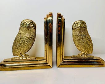 Vintage Pair of Solid Brass Owl Bookends,  Mid Century,  Home or Office Décor