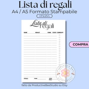 Lista regali Compleanno Natale Planner Budget Regalo PDF Stampabile Formato A4 A5 Italiano