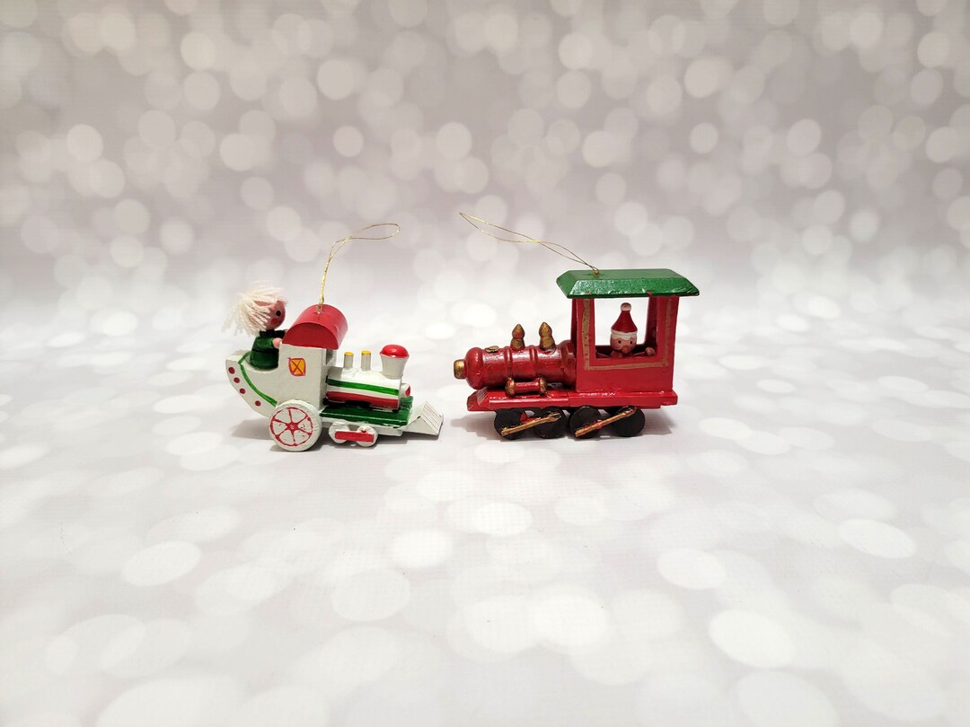 Pair Vintage Wood Train Ornaments Etsy