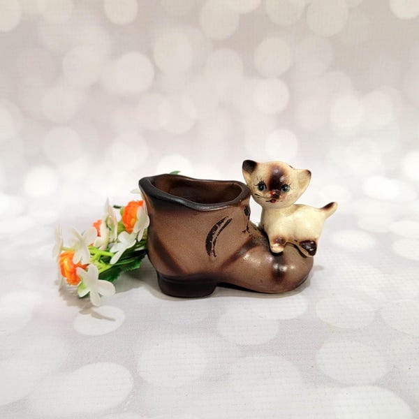 Vintage Siamese Cat & Boot Toothpick Holder Enesco Japan
