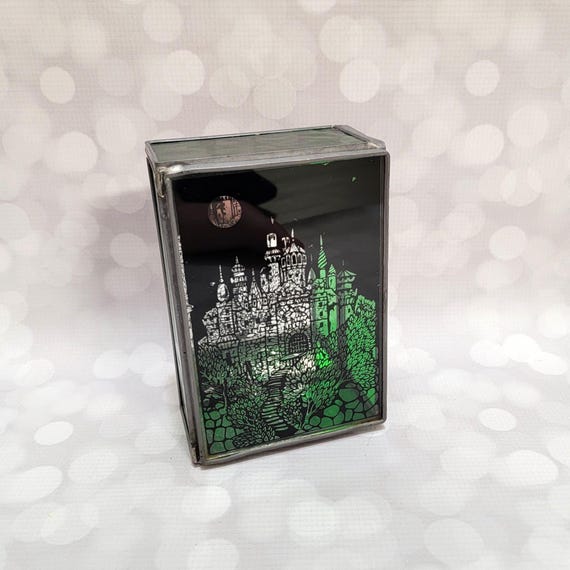 Vintage Castle & Moon Green Stained Glass Jewelry Box Mirrored